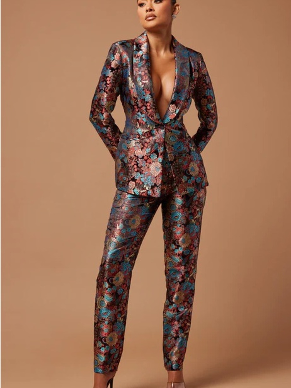 Floral Metallic Brown and teal Blazer & Pants Set - Multicolor